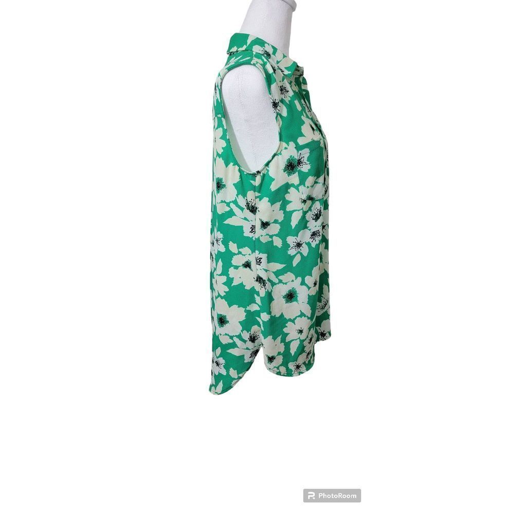 Merona Shirt Top Blouse Women's Medium Button Down Floral Tank Green and Cream - Picture 4 of 9